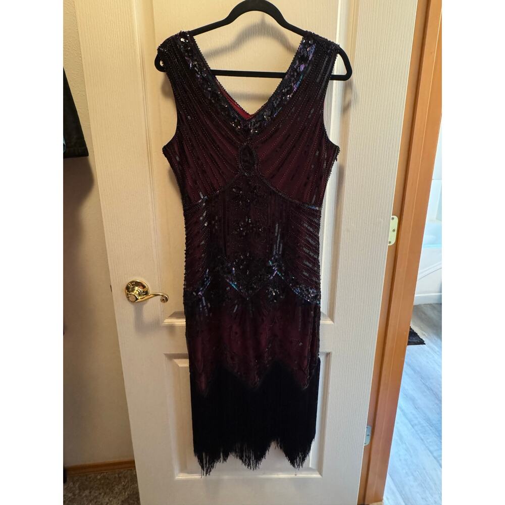 VTG Inspired Beaded Sequin Fringe Cocktail Dress Art Deco Gatsby Style Midi